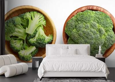 broccoli slices in wooden bowl isolated on white background Wall mural